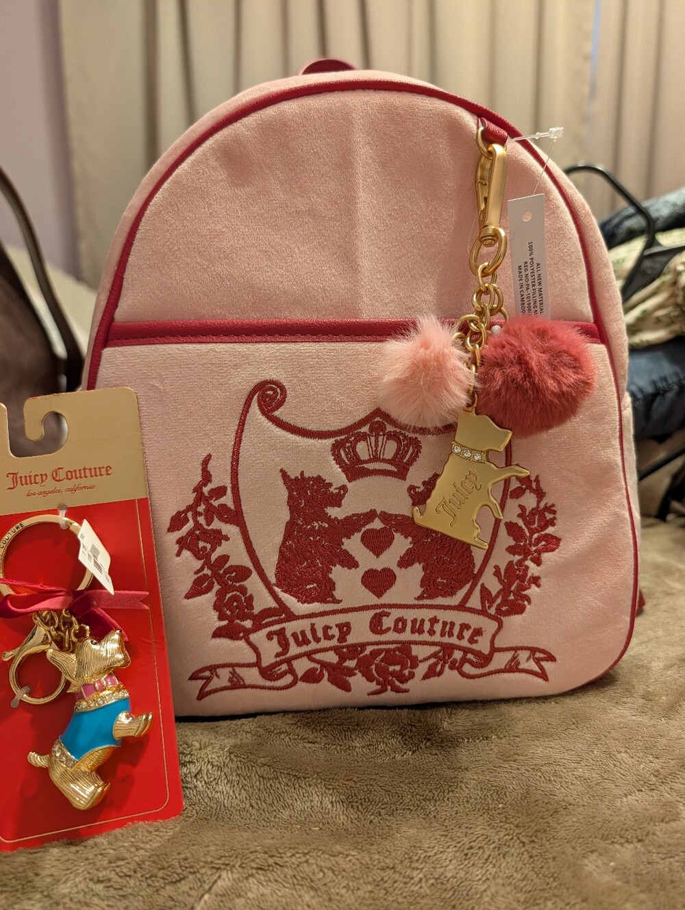 Juicy Couture Pink Velvet Kids Backpack with Pom Keychain and Gold Dog Charm